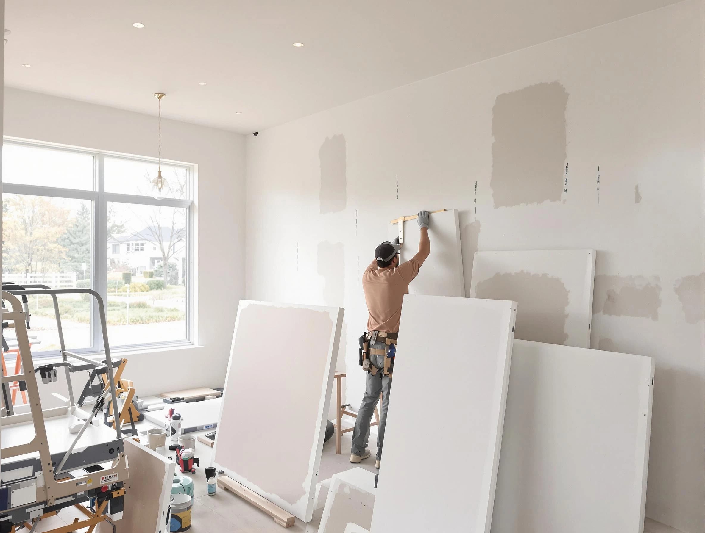 Kent House Painters precisely hanging drywall sheets in Kent, OH