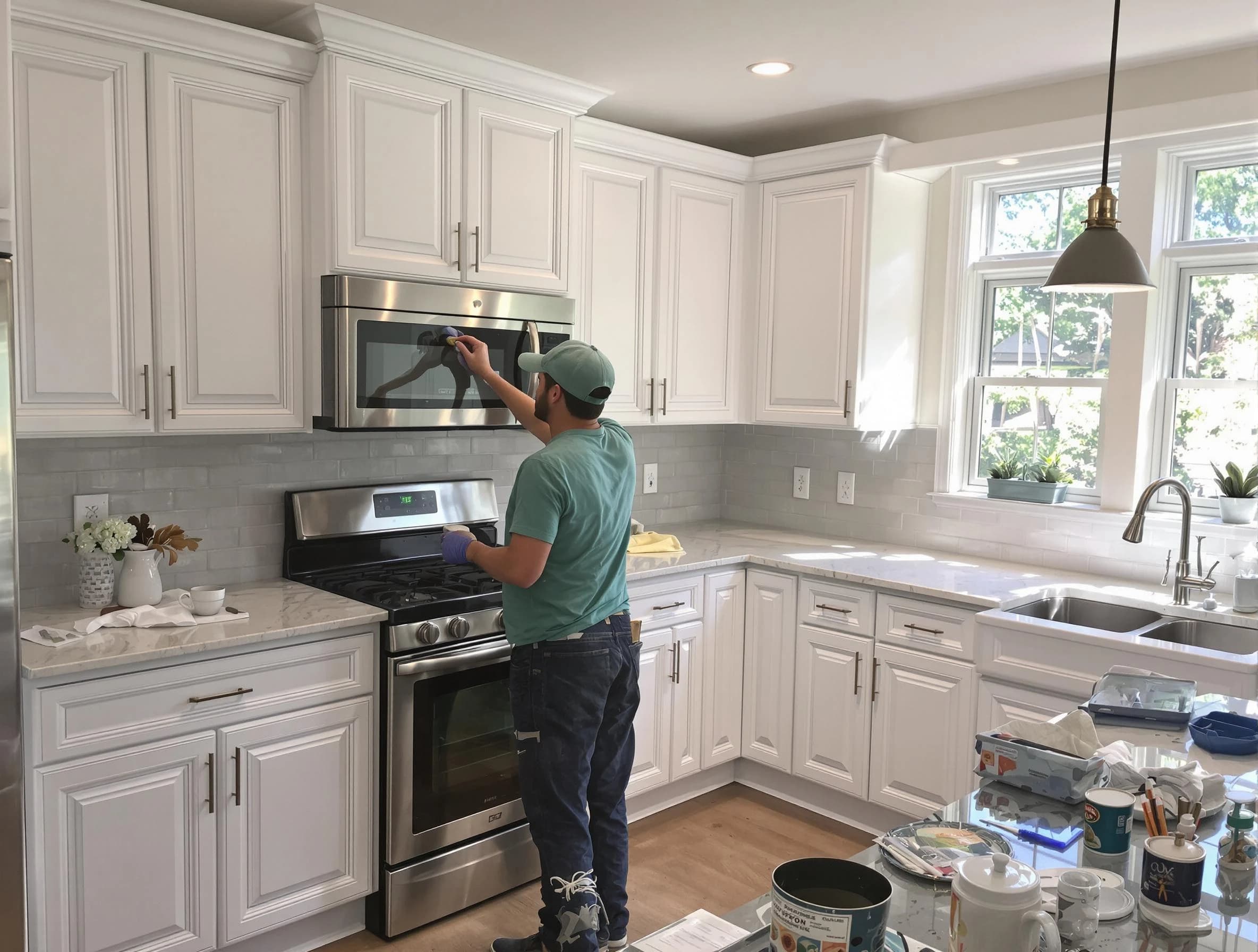 Kitchen cabinets being refinished by Kent House Painters in Kent, OH