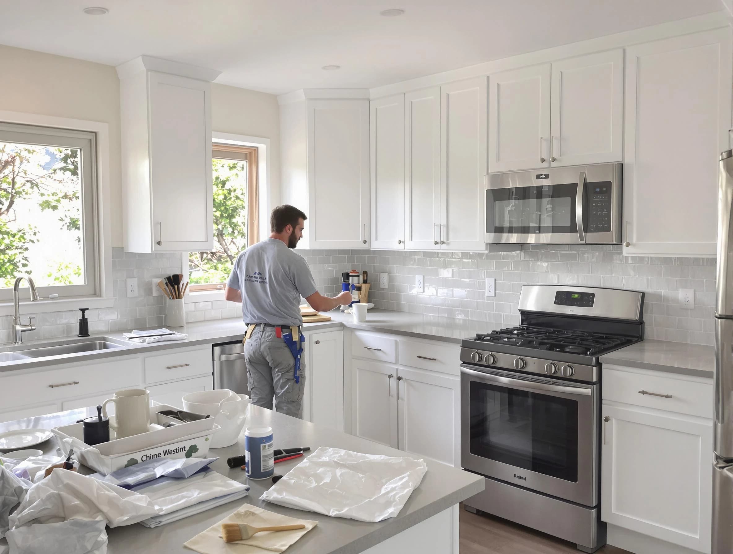 Kent House Painters applying fresh paint on kitchen cabinets in Kent