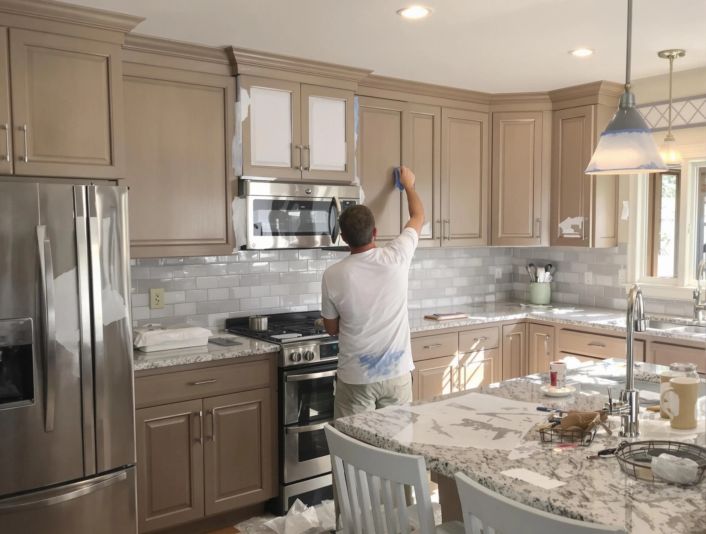 Before-and-after view of kitchen painting by Kent House Painters in Kent