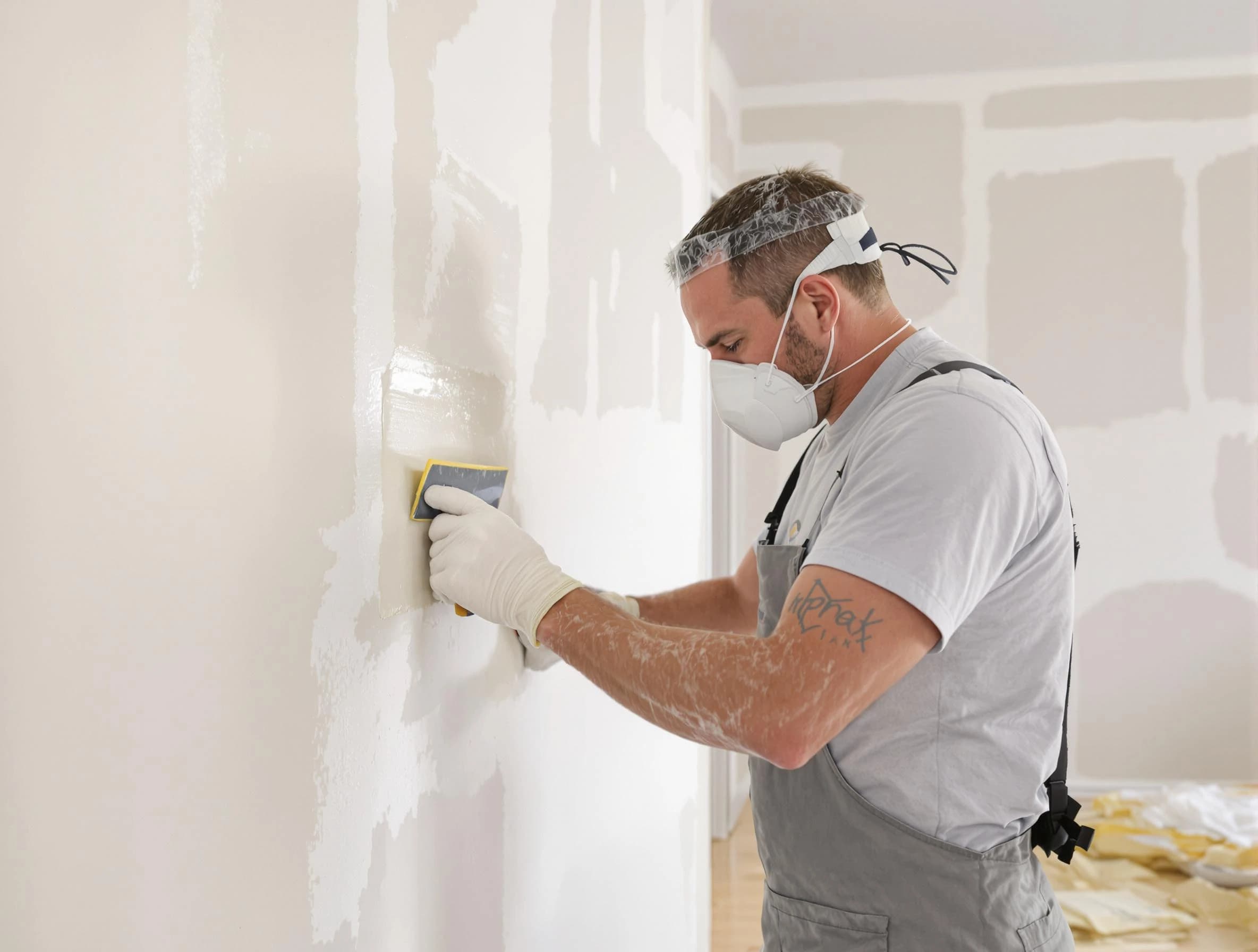 Kent House Painters technician applying mud to drywall seams in Kent, OH